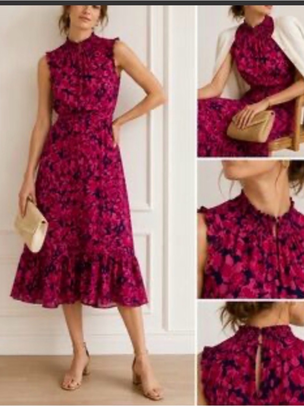 J.Crew Factory Sleeveless Smocked-Neck Midi Dress Floral Pink Navy Size 10